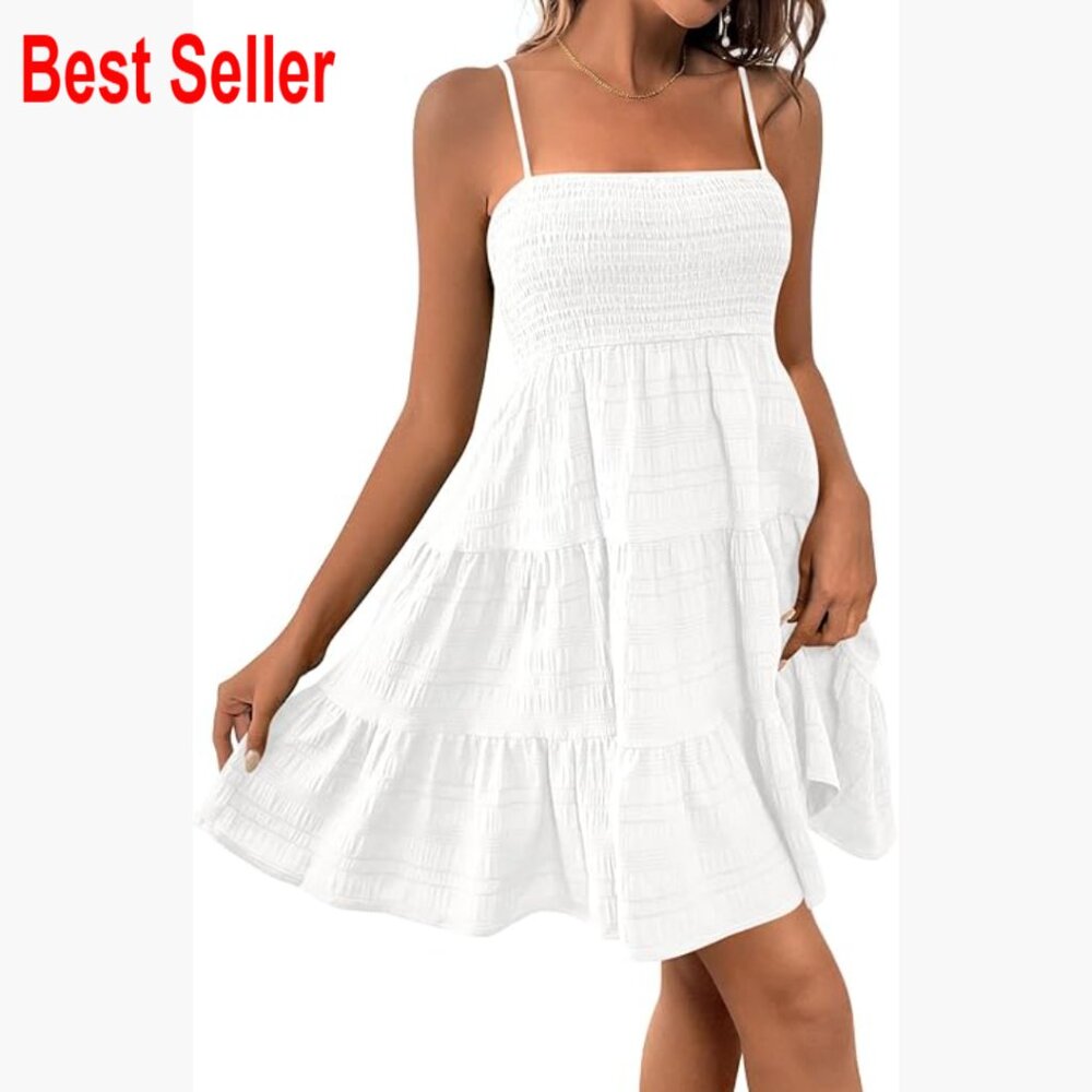 Polyester Blend Smocked Mini Dress Spaghetti Strap Tiered A-Line Sundress